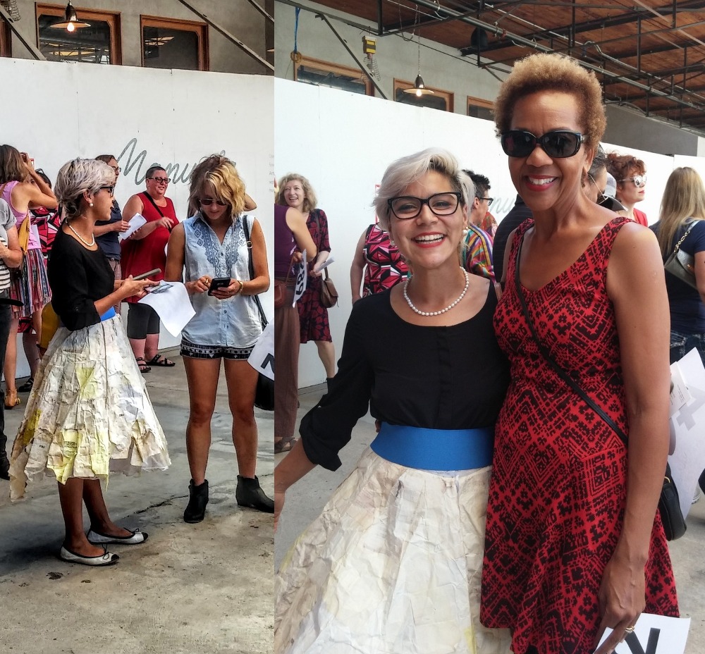 Rhonda P Hill a participant in the historically documented artist project Now Be Here at Hauser and Wirth Gallery with artist wearing a recycled and re purposed look courtesy of ED